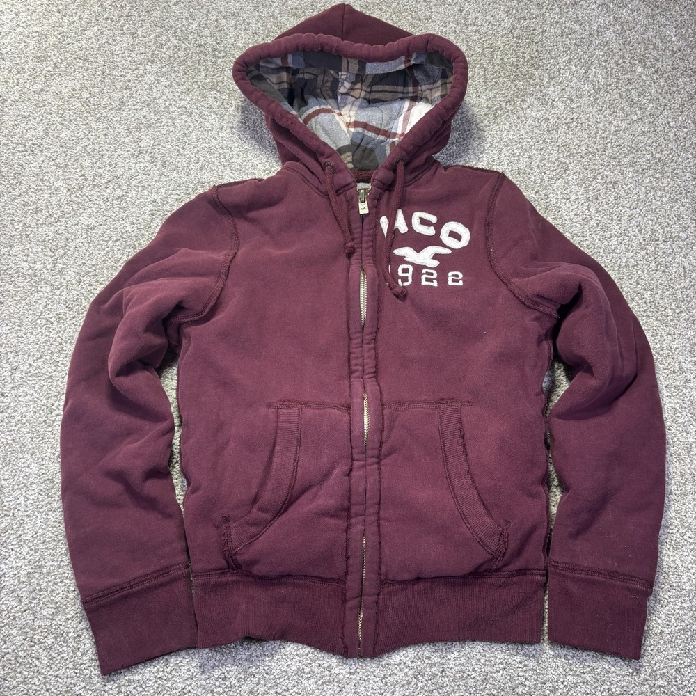 Y2K Heavyweight Hollister Hoodie Womens XS Red Fleece Full Zip Plaid Lined HCO